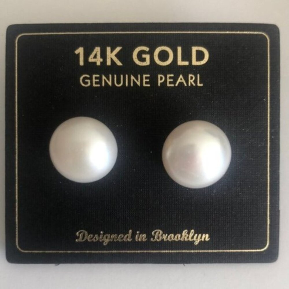 Designed in Brooklyn Earrings 14 karat gold genuine white Pearl Stud 11-12mm